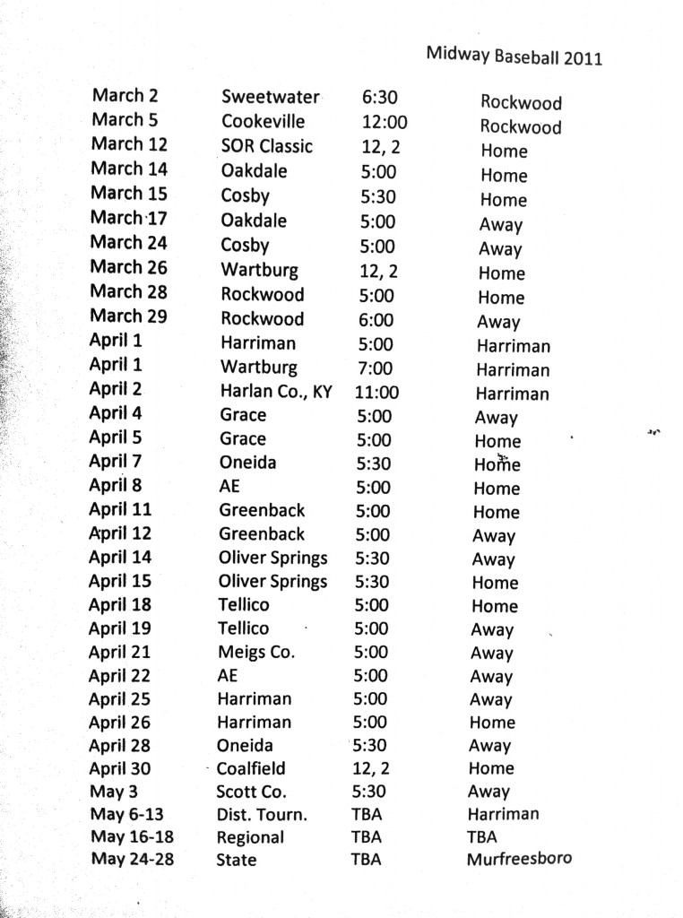 Midway High School Baseball Schedule - 2011